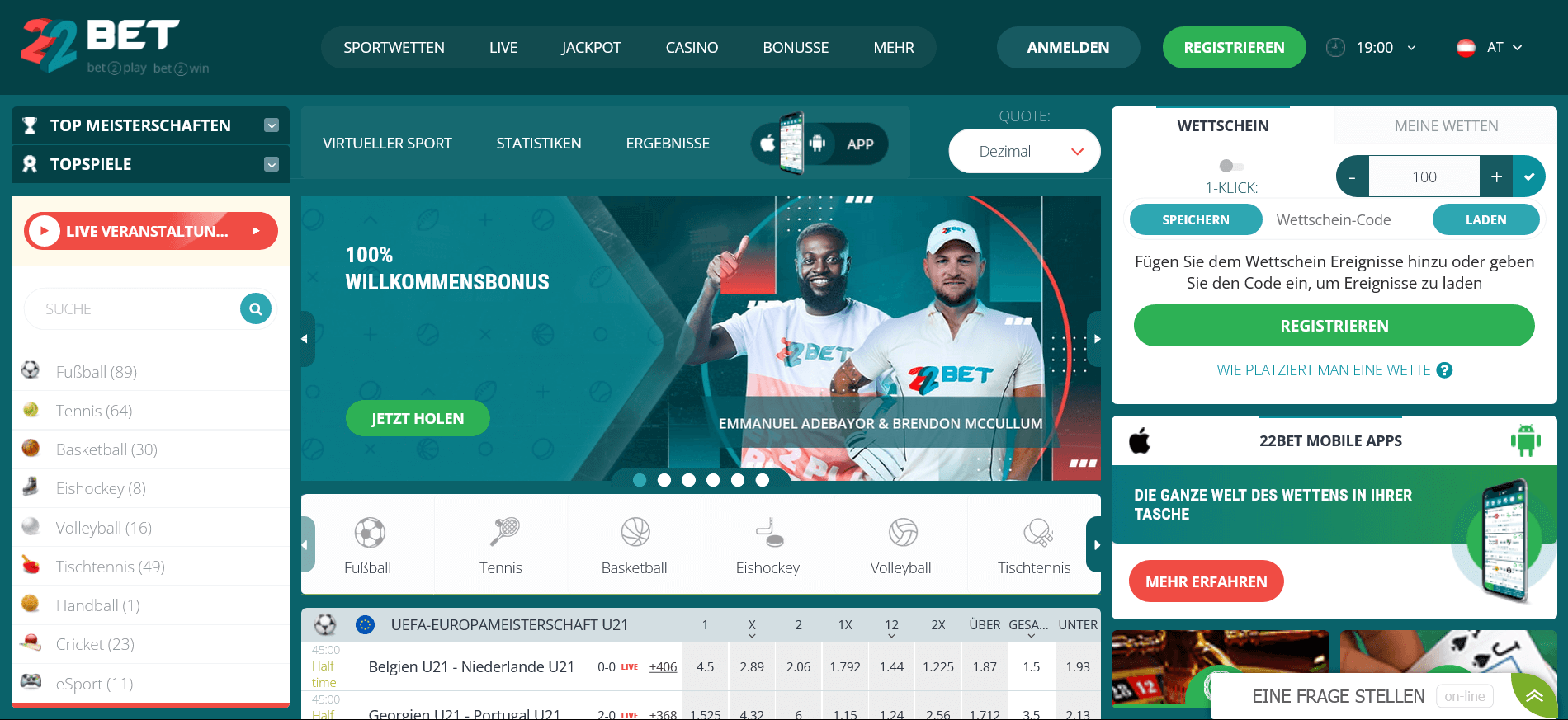 22bet Willkommensbonus